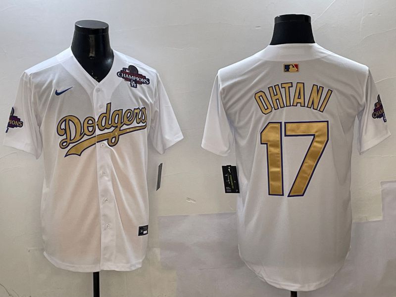 Men Los Angeles Dodgers #17 Ohtani White Champion gold character 2025 Nike MLB Jersey style 20